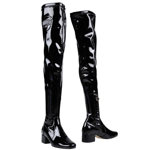 🆕CHIARA FERRAGNI BLACK PATENT LEATHER OVER THE KNEE BOOTS WITH LOW/FLAT HEEL - Picture 10 of 10